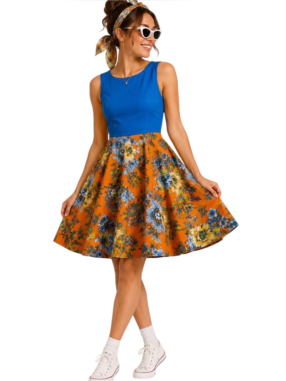 Vivacious Vixen Floral Fit Flare Dress Blue Orange Retro Pinup Rockabilly
